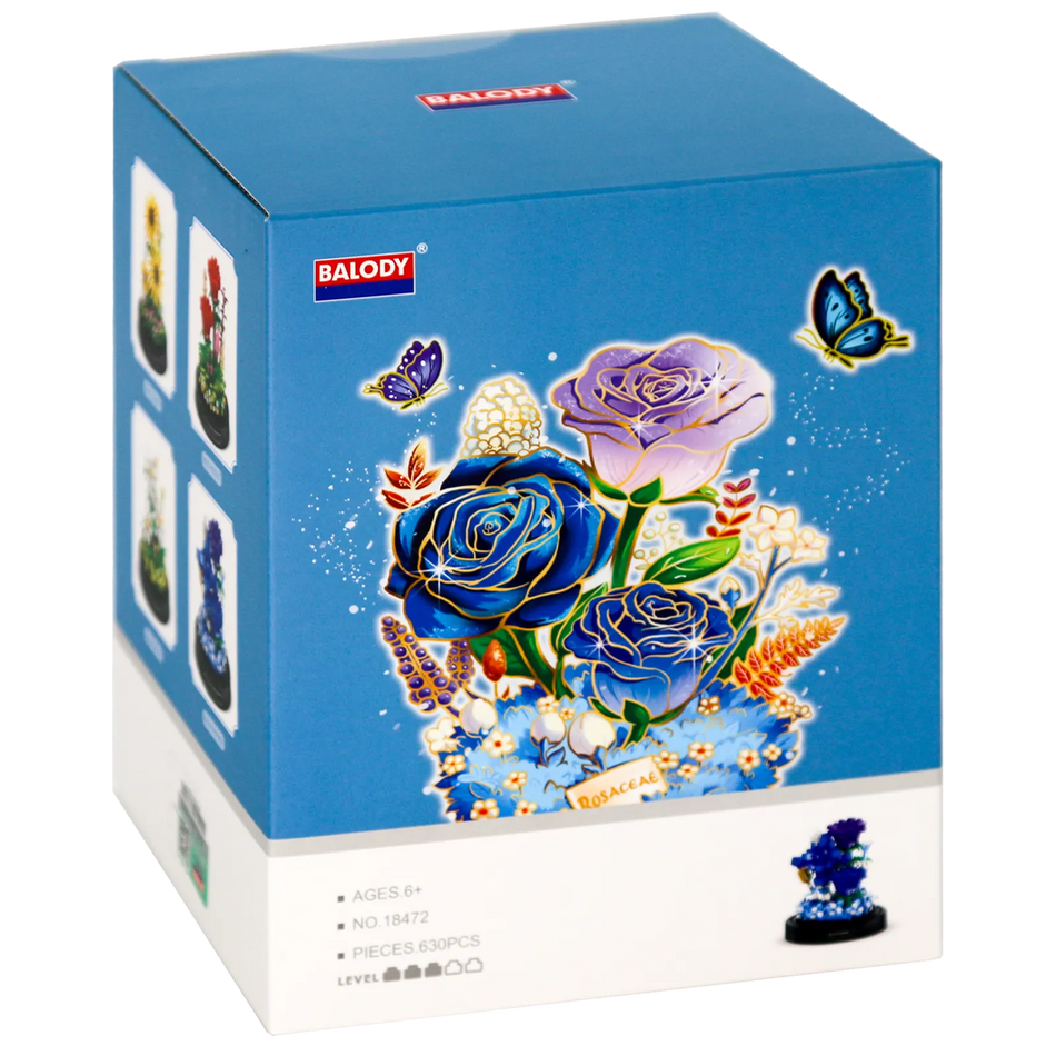 Vorderseite der Verpackung der Balody Miniblocks blaue Rosen in Glocke