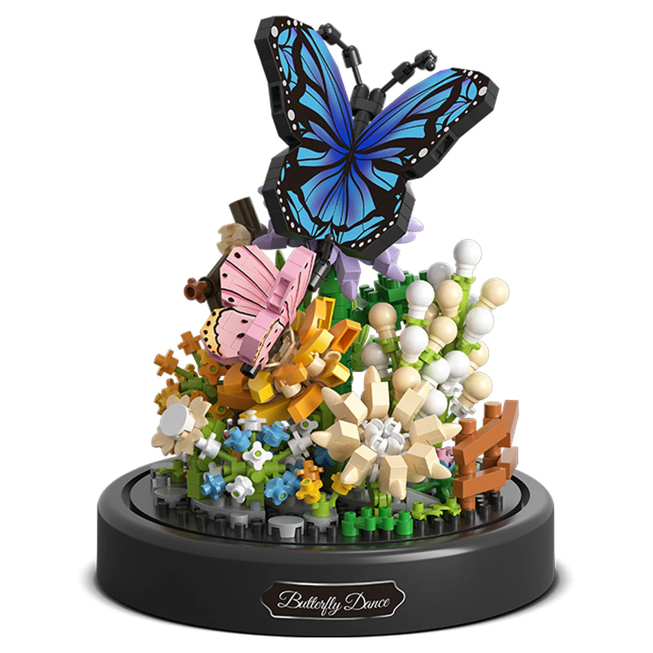 Produktfoto der Balody Miniblocks blauer Schmetterling und rosa Schmetterling mit Blumen in einer Glocke