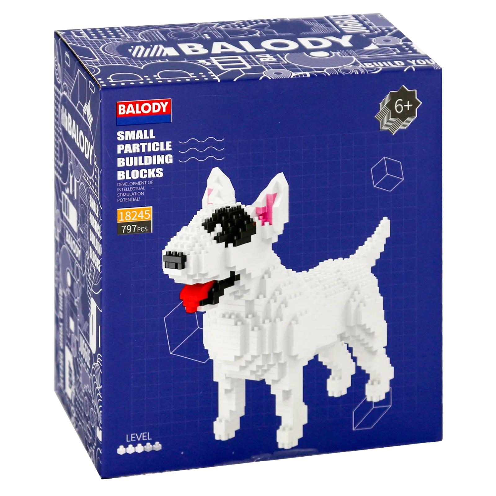 Vorderseite der Verpackung der Balody Miniblocks Bullterrier
