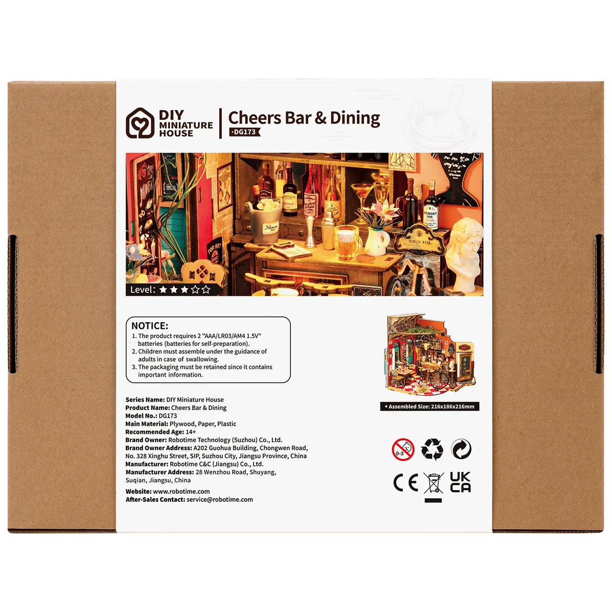 Rückseite der Verpackung der Robotime Cheers Bar & Dining, Miniaturhaus einer altmodischen gemütlichen Bar