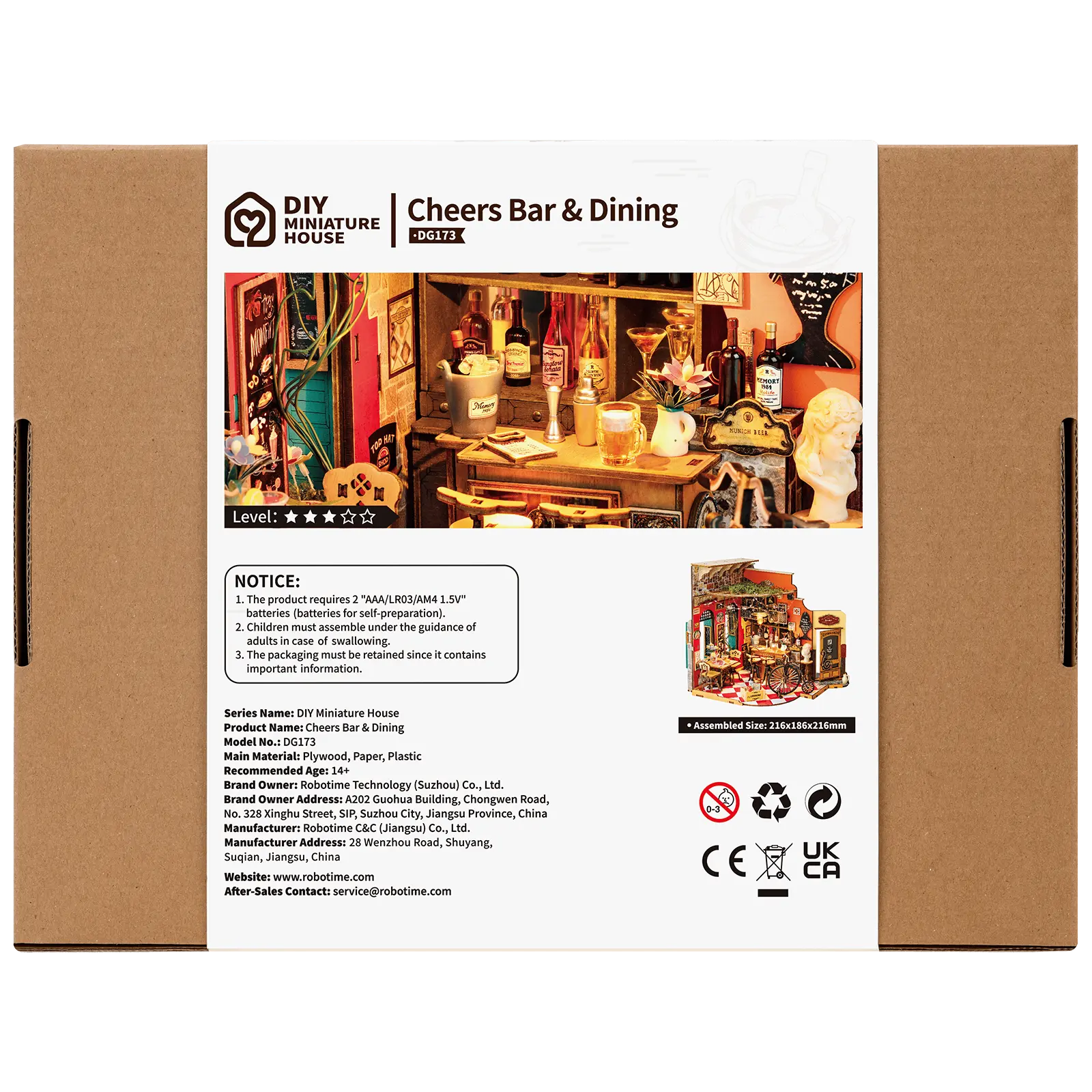 Rückseite der Verpackung der Robotime Cheers Bar & Dining, Miniaturhaus einer altmodischen gemütlichen Bar