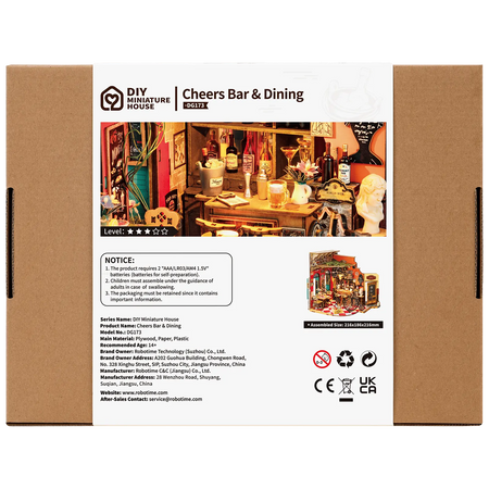 Rückseite der Verpackung der Robotime Cheers Bar & Dining, Miniaturhaus einer altmodischen gemütlichen Bar