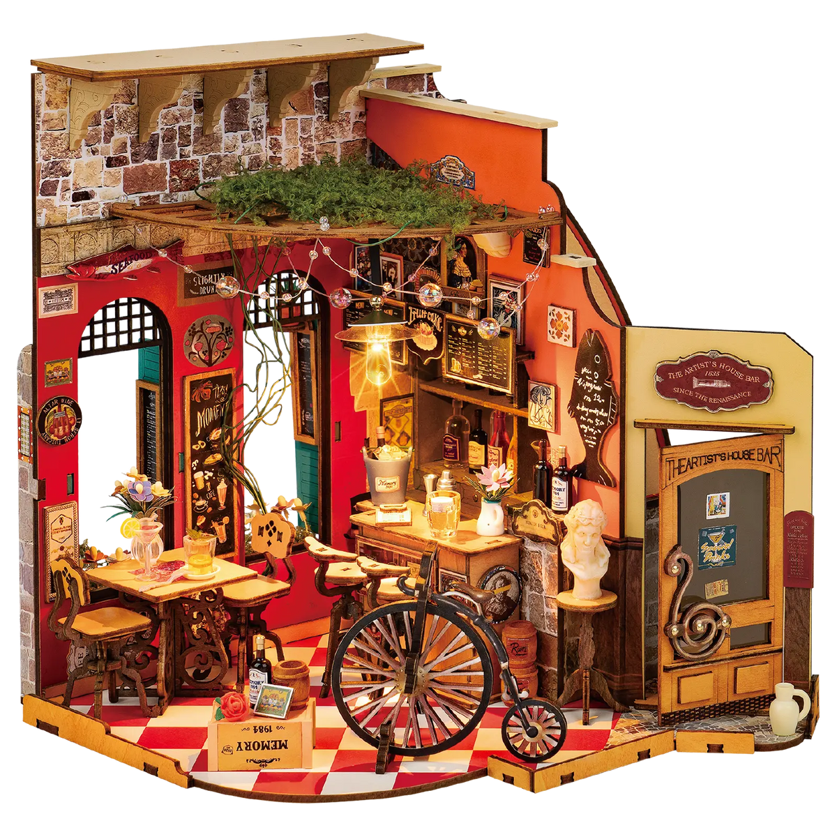 Produktfoto der Robotime Cheers Bar & Dining, Miniaturhaus einer altmodischen gemütlichen Bar