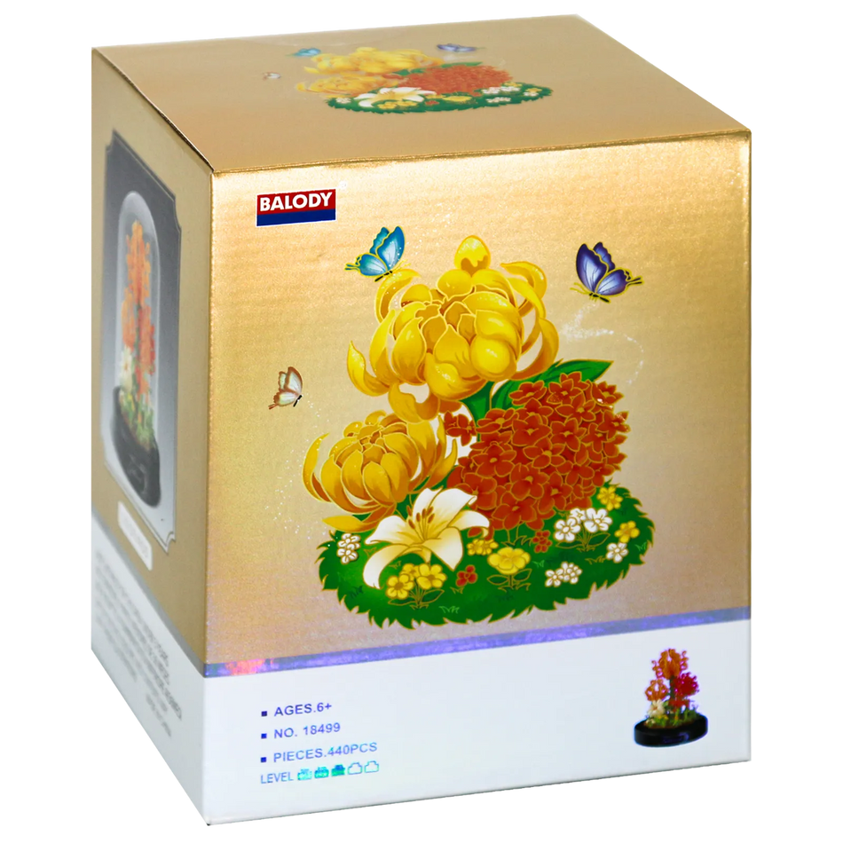 Vorderseite der Verpackung der Balody Miniblocks Chrysanthemen in Glocke