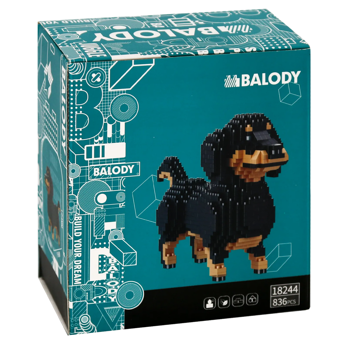 Rückseite der Verpackung der Balody Miniblocks kleiner Dackel