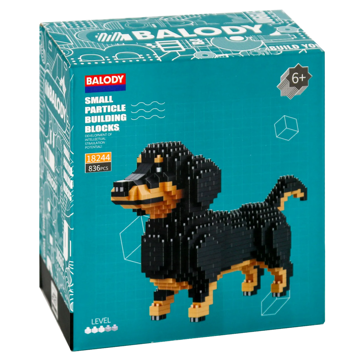 Vorderseite der Verpackung der Balody Miniblocks kleiner Dackel