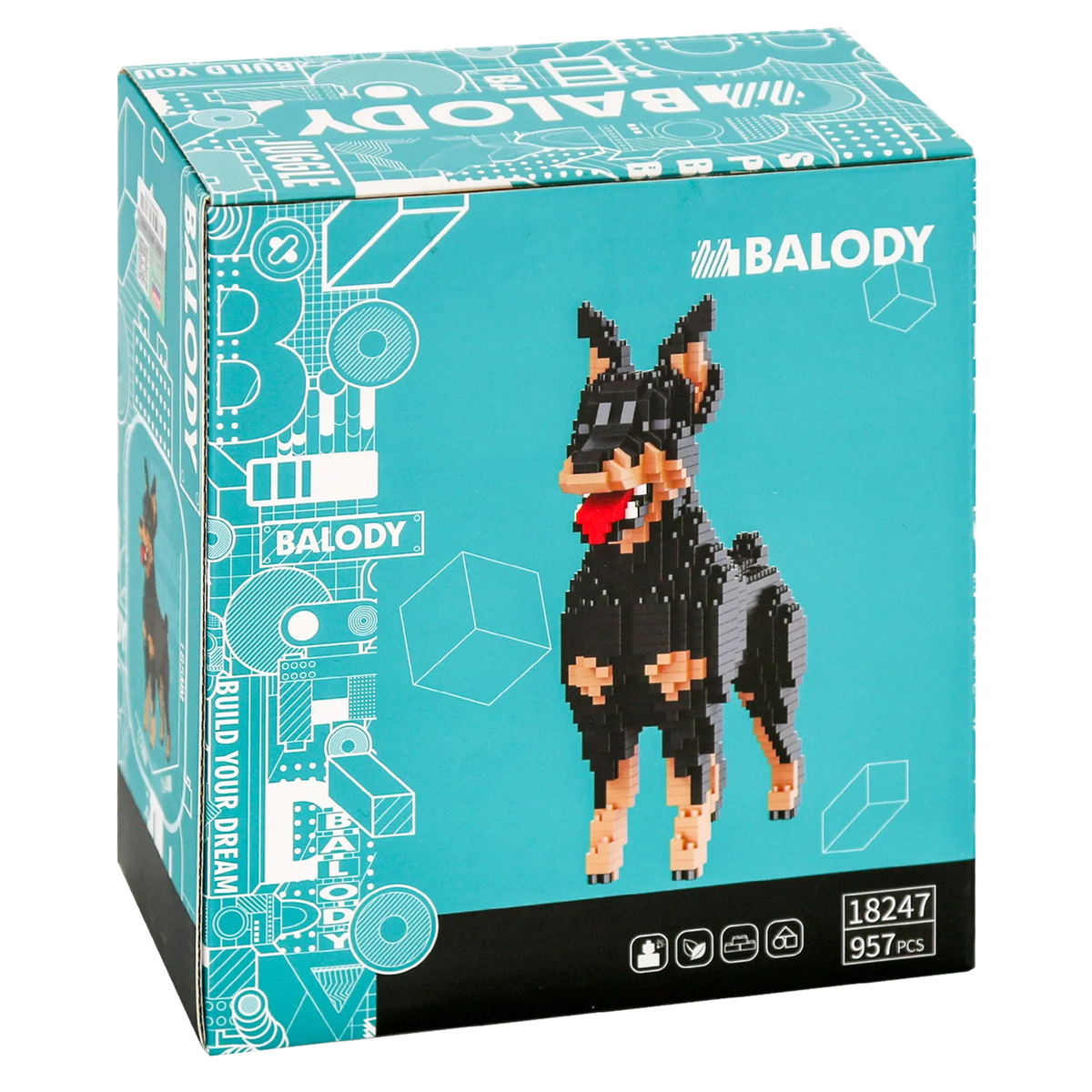 Rückseite der Verpackung der Balody Miniblocks Dobermann