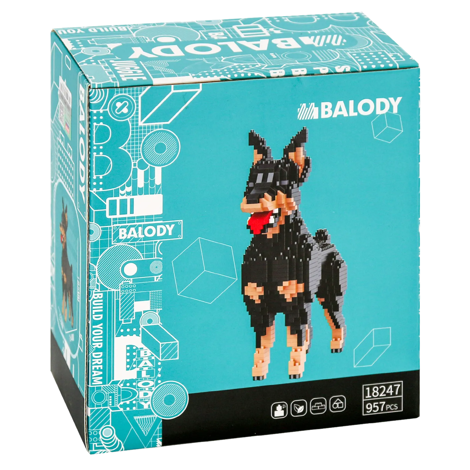 Rückseite der Verpackung der Balody Miniblocks Dobermann
