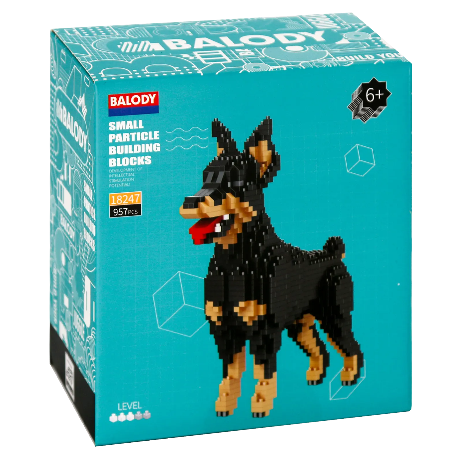 Vorderseite der Verpackung der Balody Miniblocks Dobermann