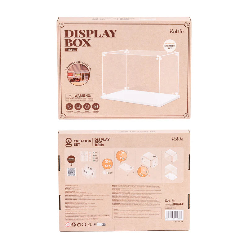 Vorderseite und rückseite der Verpackung der Robotime Dust Cover TGF01, Vitrine speziell für die Creation Set Serie