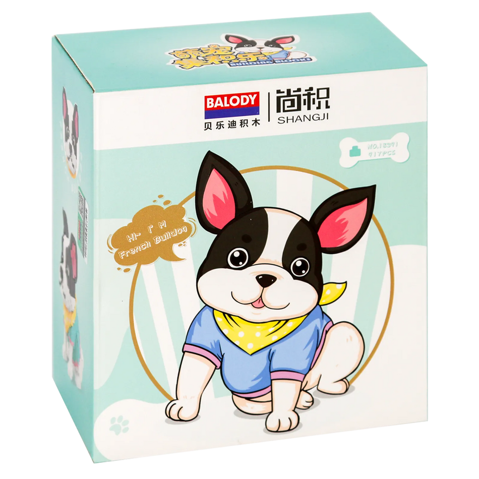 Vorderseite der Verpackung der Balody Miniblocks französische Bulldogge in niedlichem Outfit