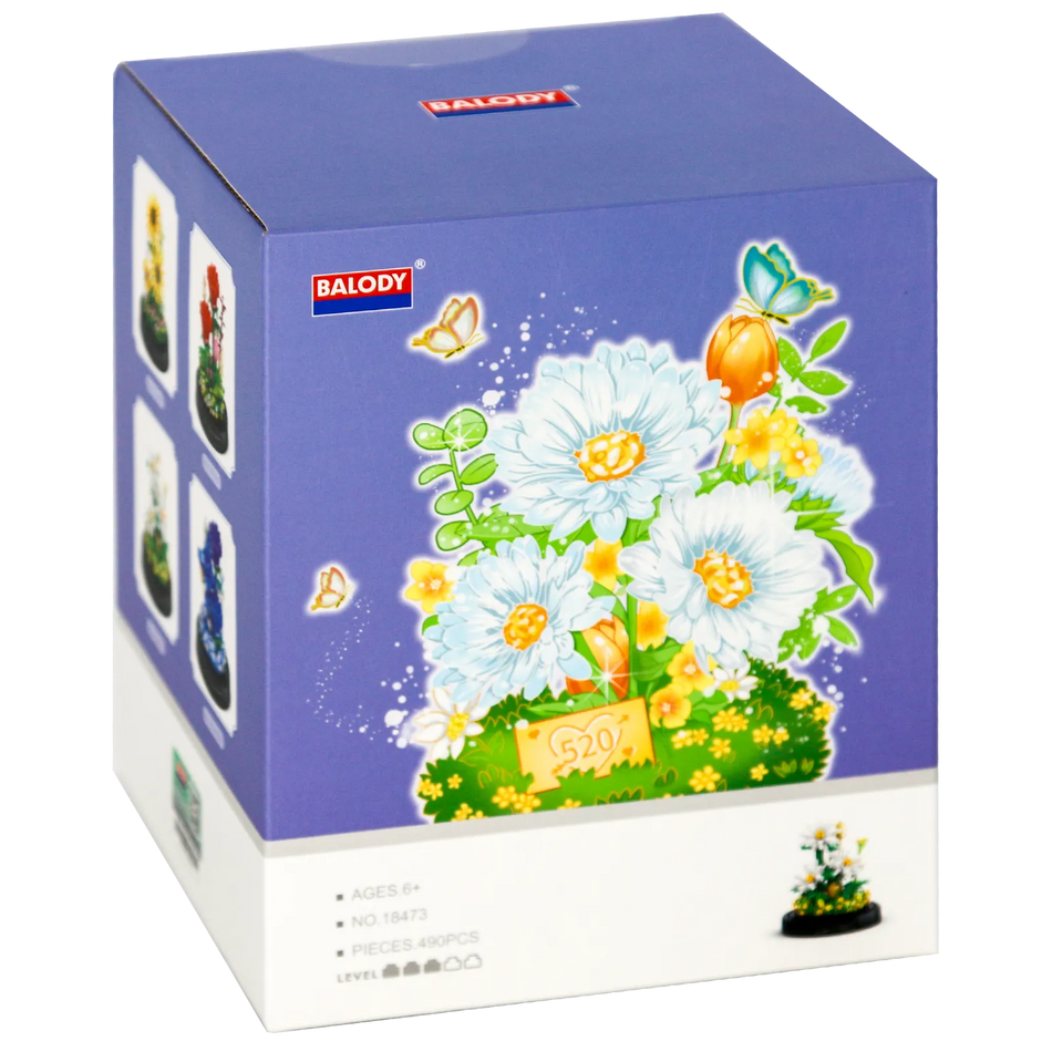 Vorderseite der Verpackung der Balody Miniblocks Gänseblümchen in Glocke