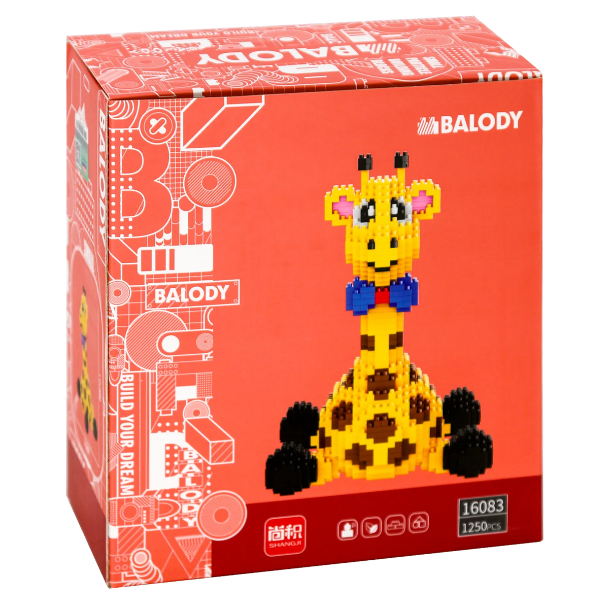 Rückseite der Verpackung der Balody Miniblocks sitzende Giraffe