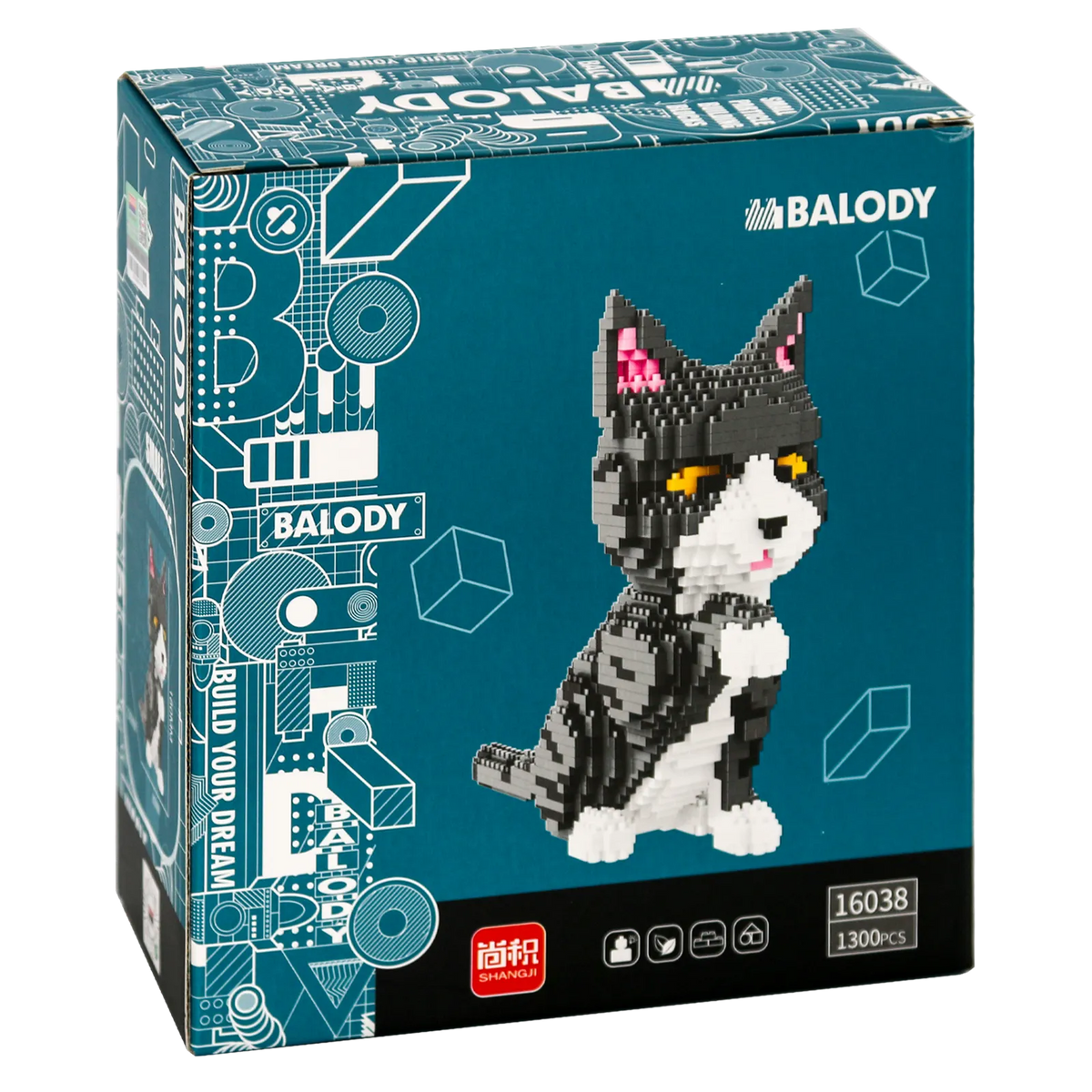 Rückseite der Verpackung der Balody Miniblocks grau-weiße Katze