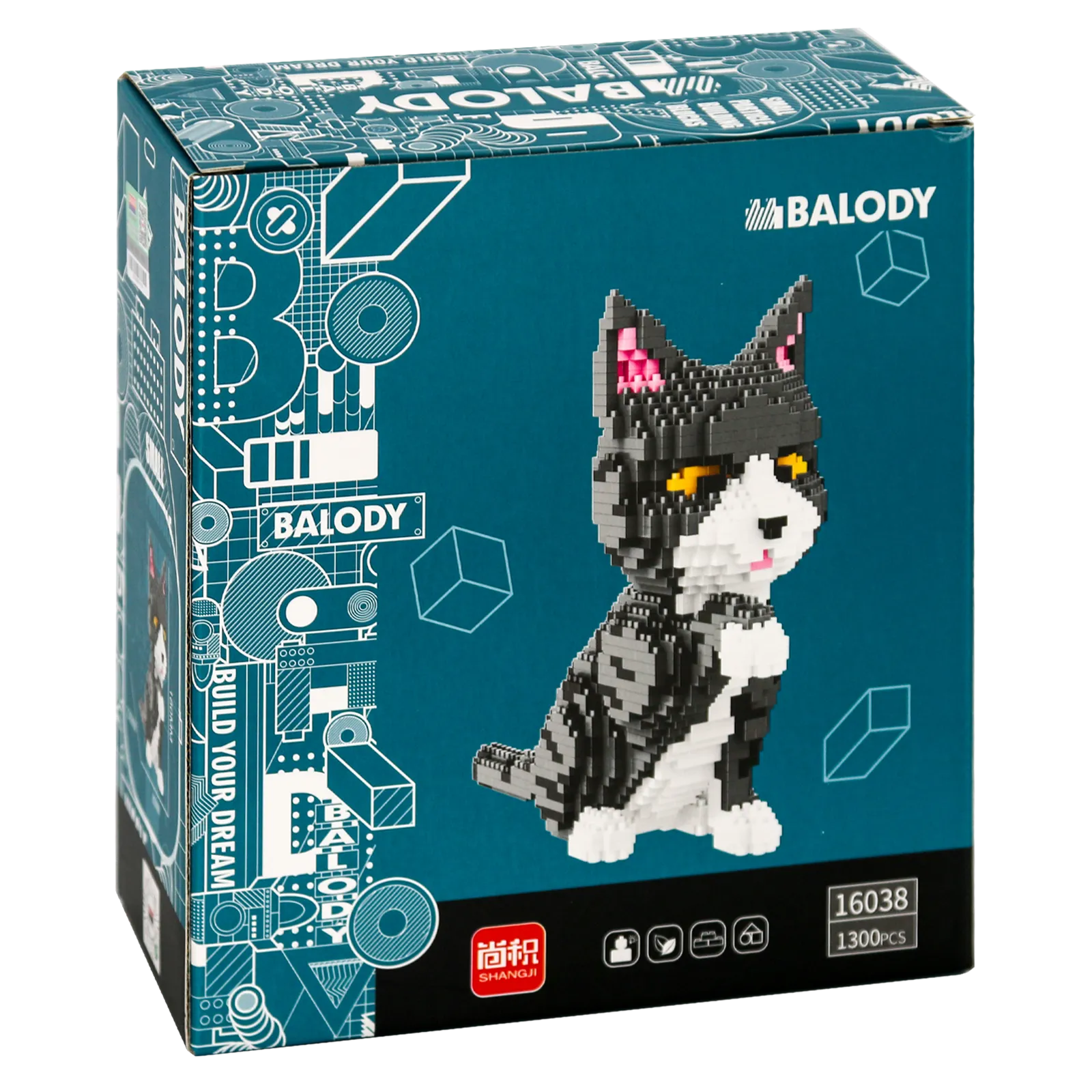 Rückseite der Verpackung der Balody Miniblocks grau-weiße Katze
