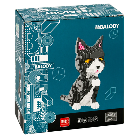 Rückseite der Verpackung der Balody Miniblocks grau-weiße Katze