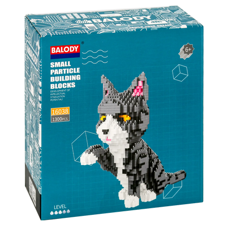 Vorderseite der Verpackung der Balody Miniblocks grau-weiße Katze