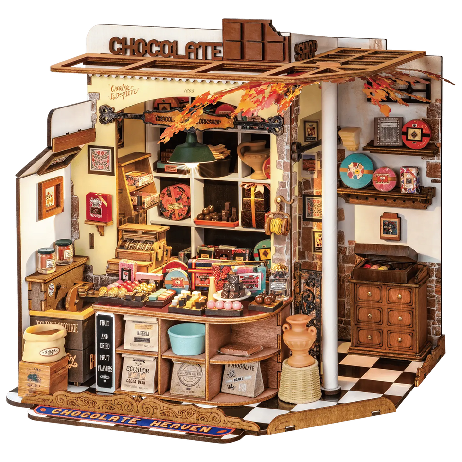 Produktfoto der Robotime Henry’s Chocolate, Miniaturhaus eines altmodischen Schokoladengeschäfts
