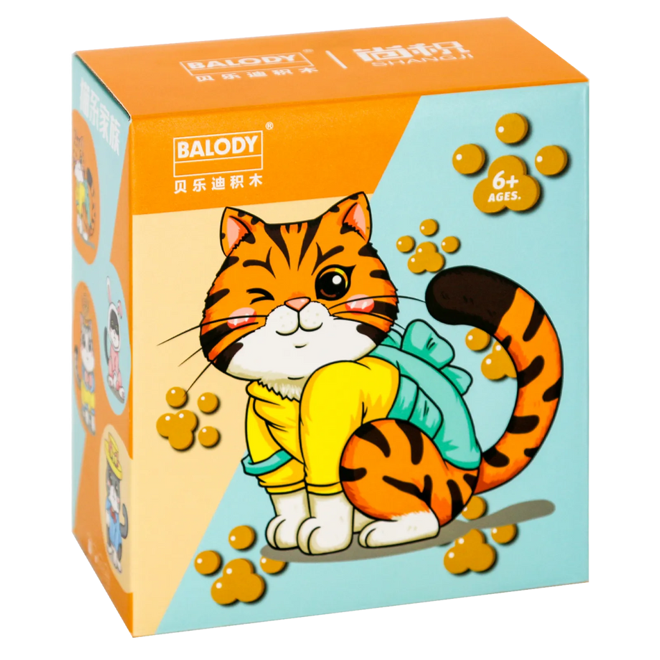 Vorderseite der Verpackung der Balody Miniblocks Katze in Freizeitkleidung