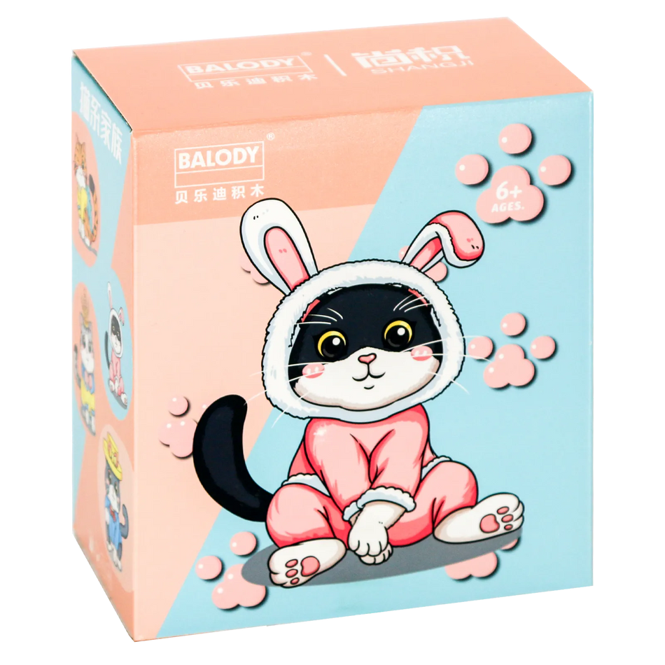 Vorderseite der Verpackung der Balody Miniblocks Katze im rosa Kaninchenkostüm