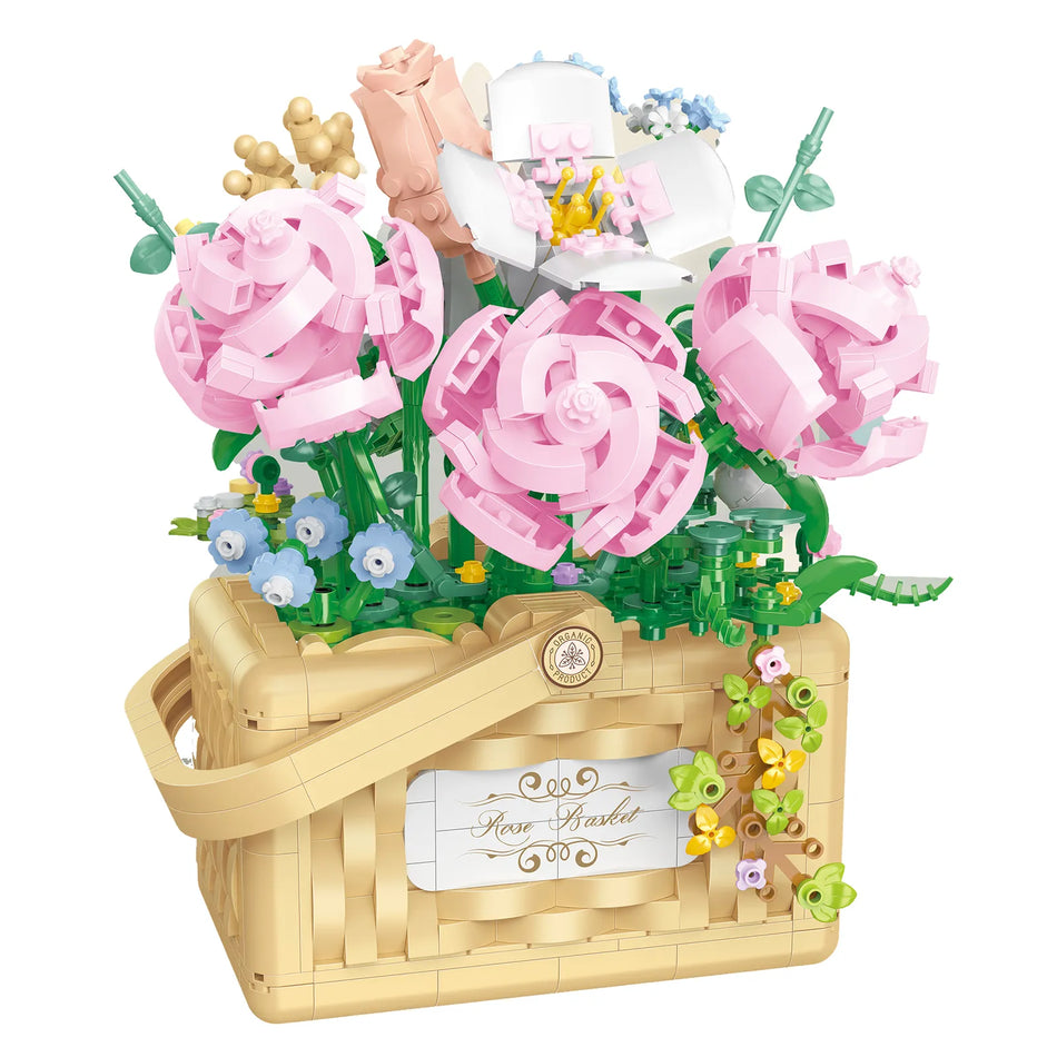 Produktfoto das Balody Miniblocks Blumenarrangement im Korb mit rosa Rosen und anderen Blumen