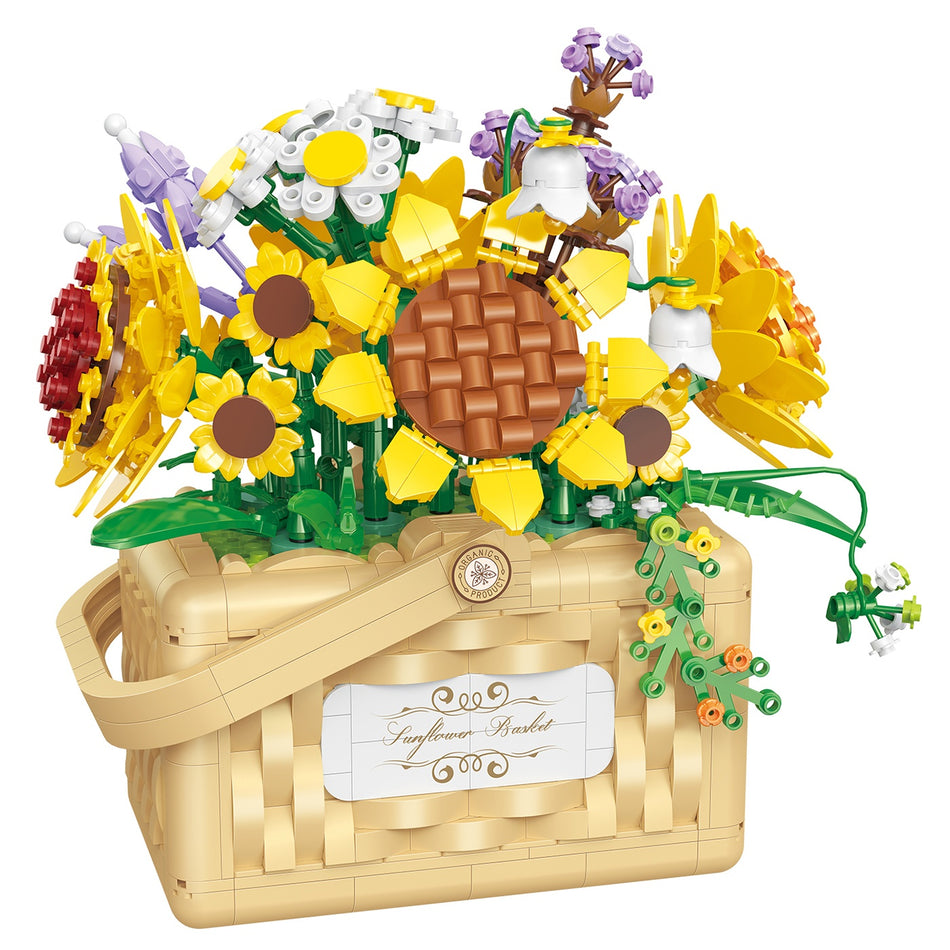 Produktfoto das Balody Miniblocks Blumenarrangement mit Sonnenblumen und anderen Blumen im Korb
