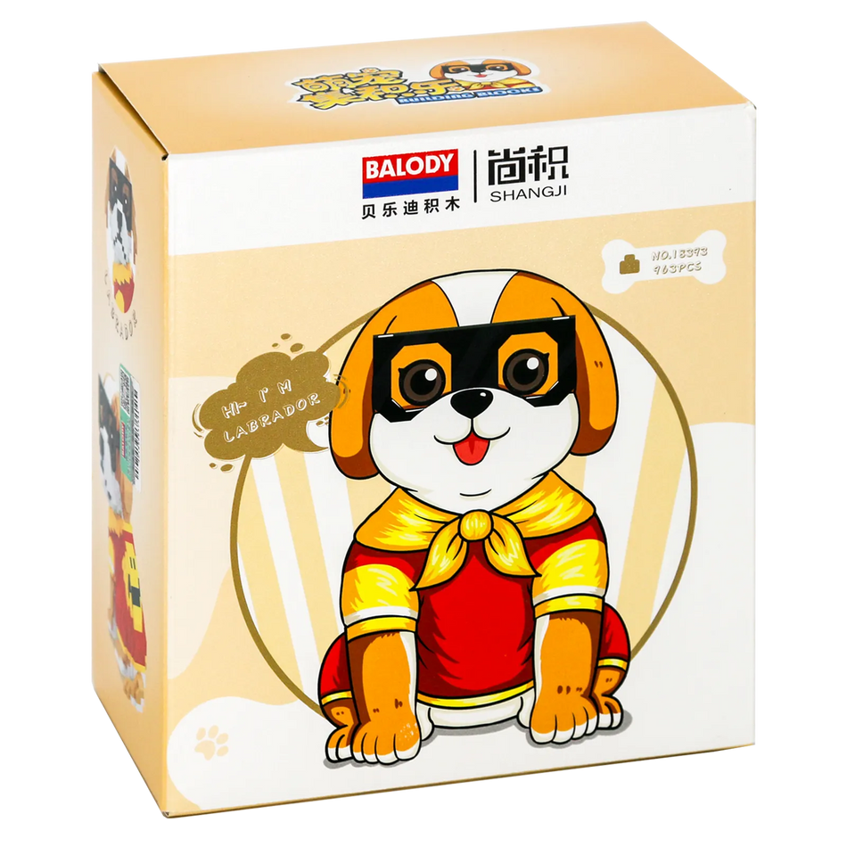 Vorderseite der Verpackung der Balody Miniblocks Labrador mit Brille in Freizeitkleidung