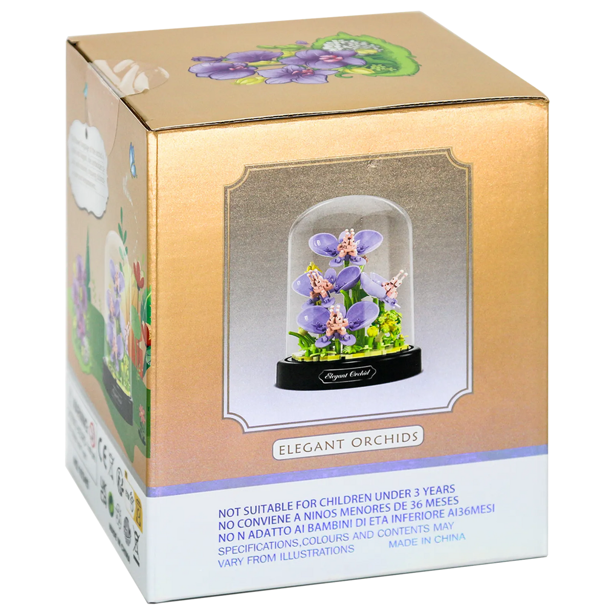 Seite der Verpackung der Balody Miniblocks Orchideen in Glocke
