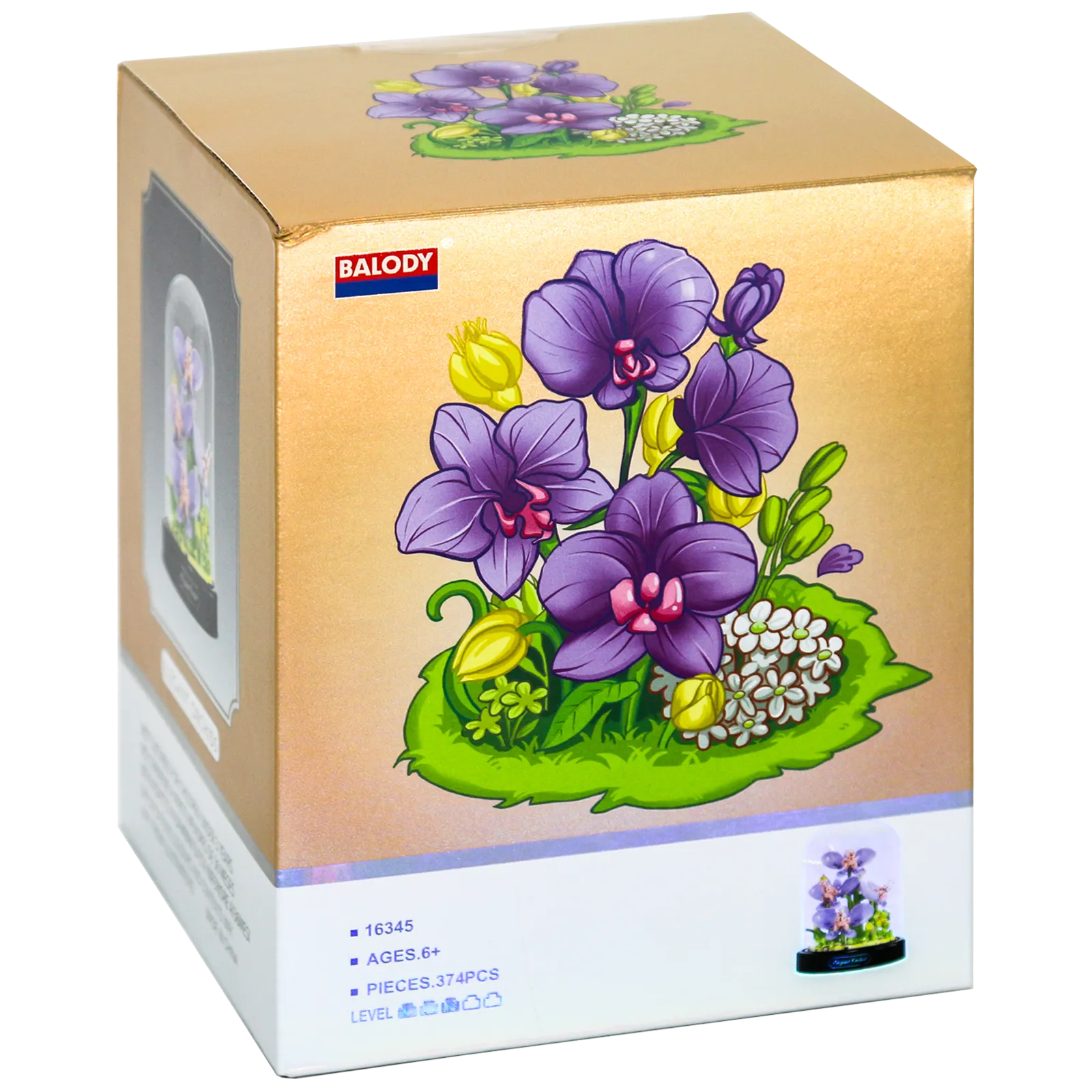 Vorderseite der Verpackung der Balody Miniblocks Orchideen in Glocke