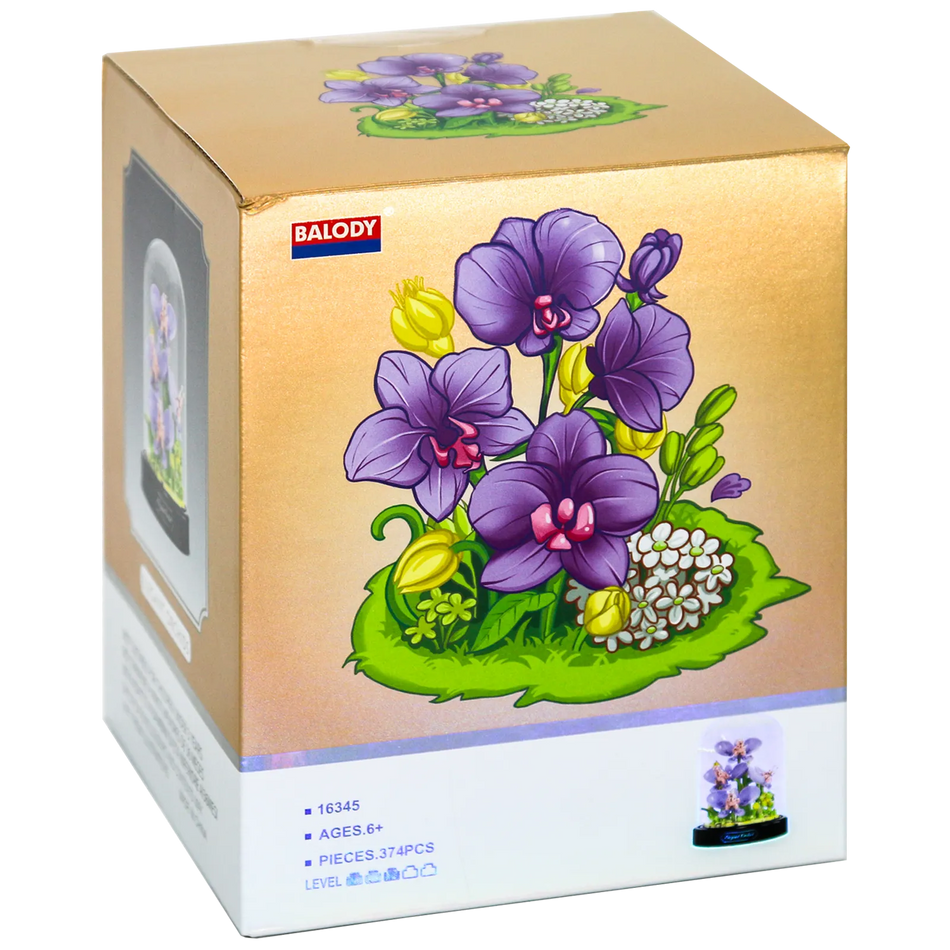 Vorderseite der Verpackung der Balody Miniblocks Orchideen in Glocke