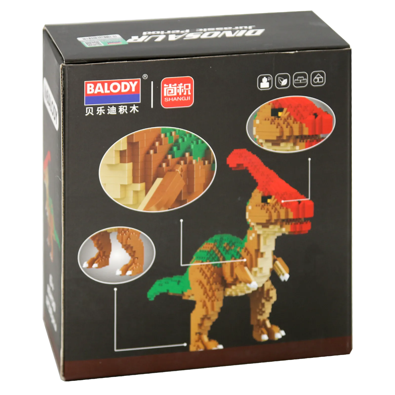 Rückseite der Verpackung der Balody Miniblocks Parasaurolophus