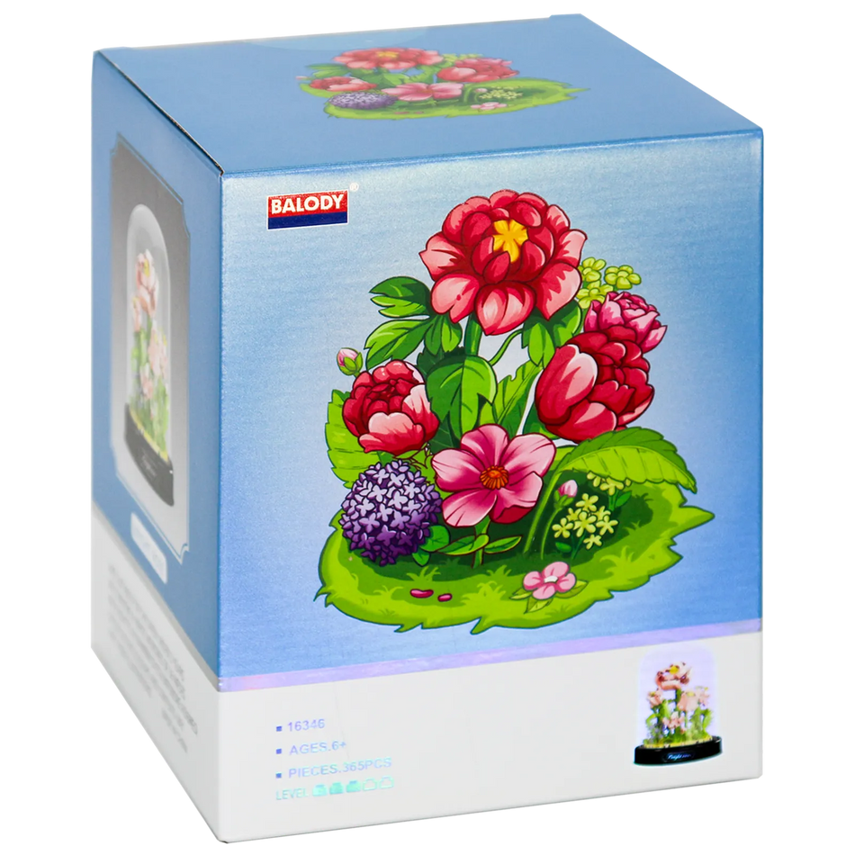 Vorderseite der Verpackung der Balody Miniblocks rosa Rosen in Glocke