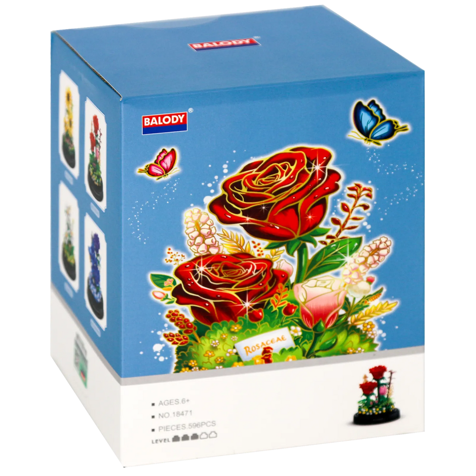 Vorderseite der Verpackung der Balody Miniblocks rote Rosen in Glocke