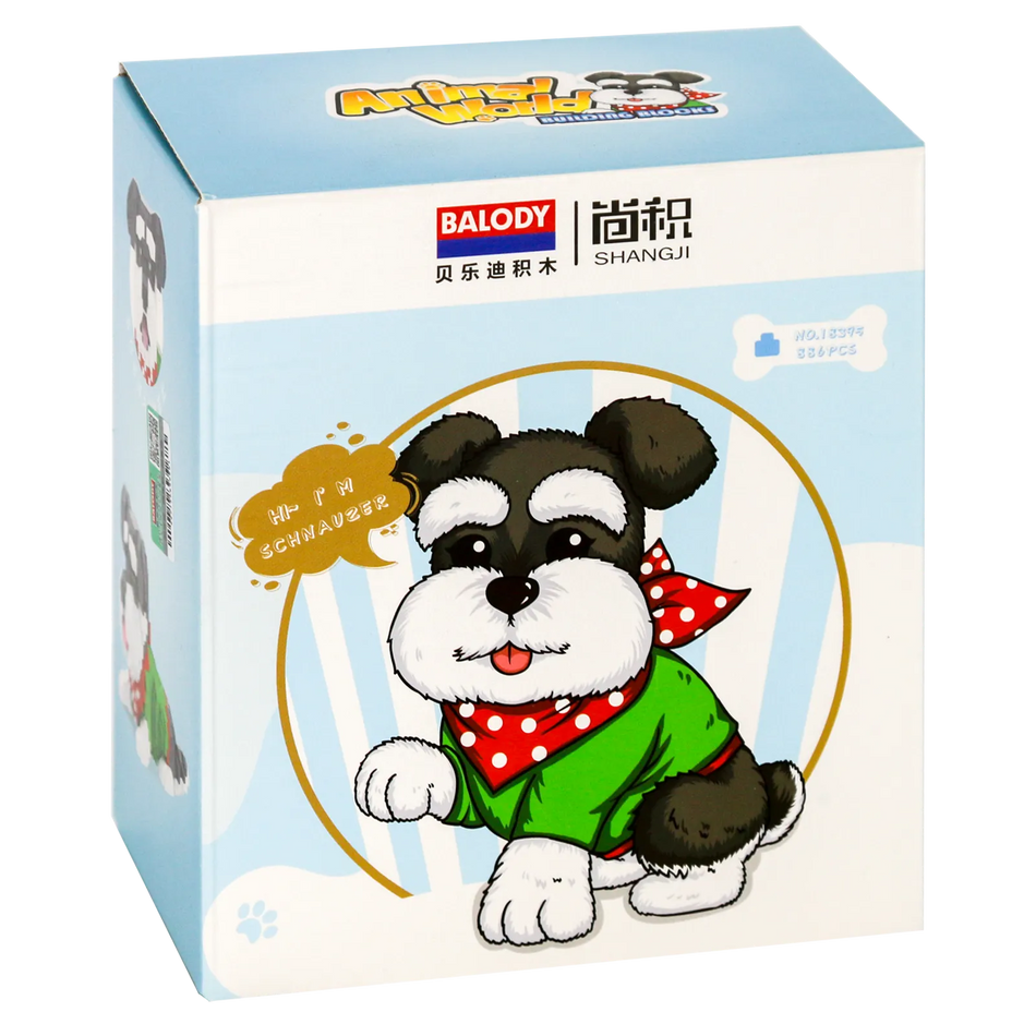 Vorderseite der Verpackung der Balody Miniblocks Schnauzer in Freizeitkleidung und rotem Halstuch