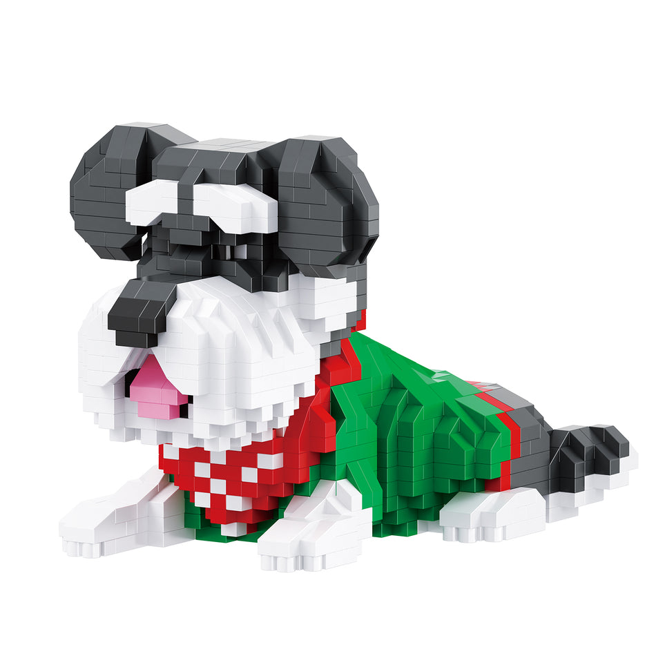 Produktfoto der Balody Miniblocks Schnauzer in Freizeitkleidung und rotem Halstuch