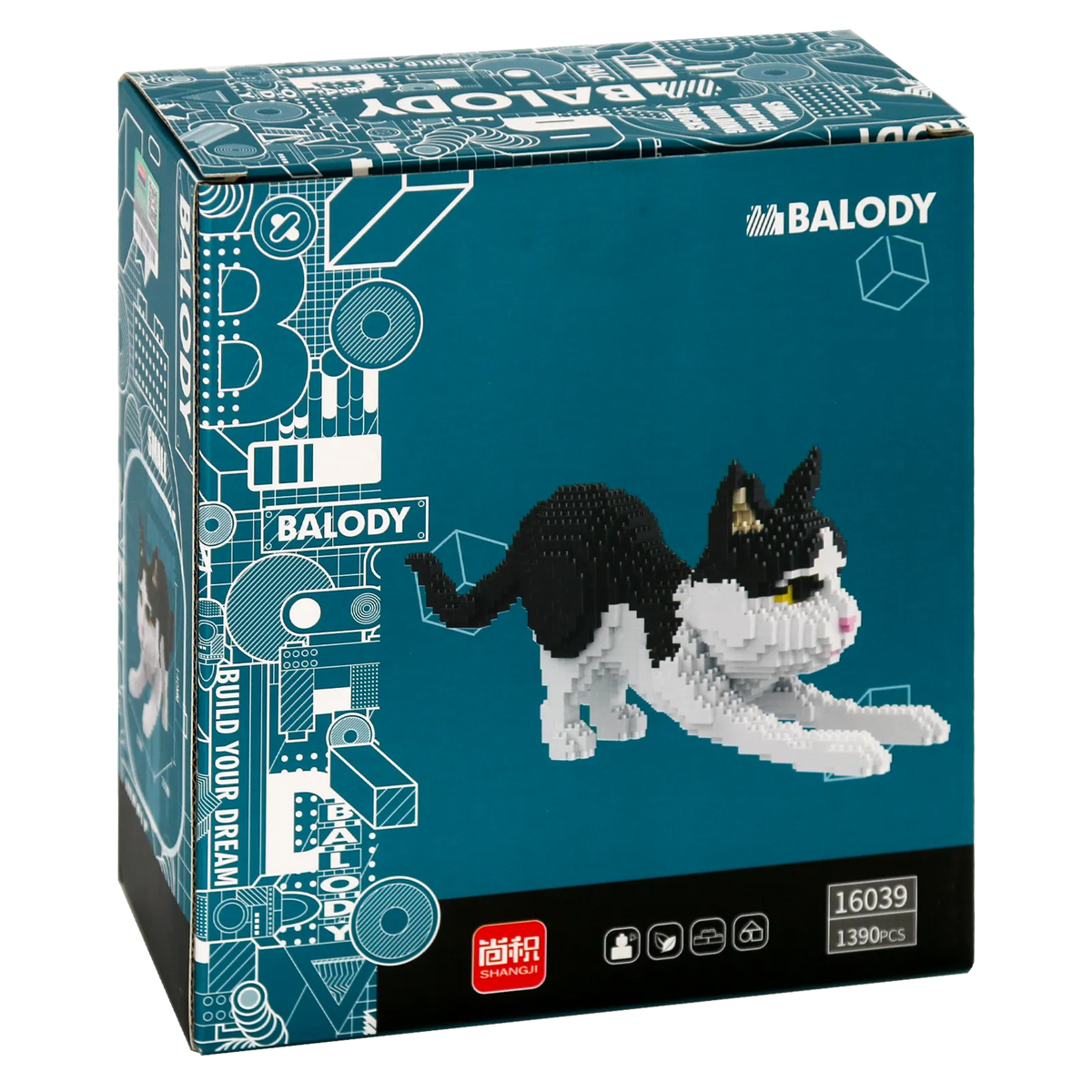 Rückseite der Verpackung der Balody Miniblocks schwarz-weiße Katze