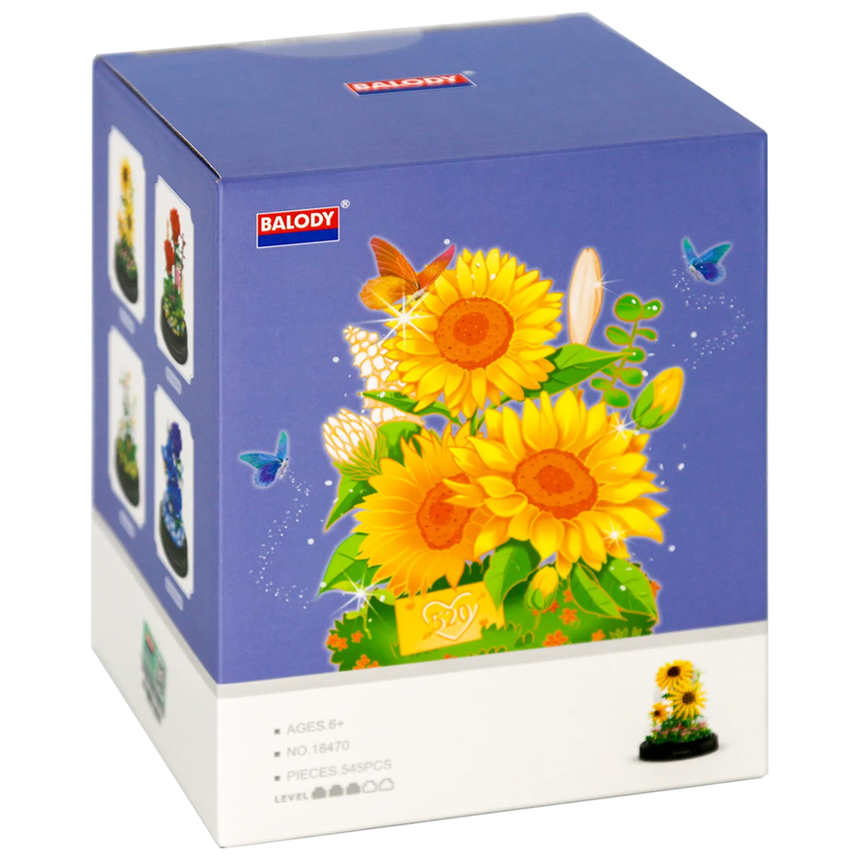 Vorderseite der Verpackung der Balody Miniblocks Sonnenblumen in Glocke