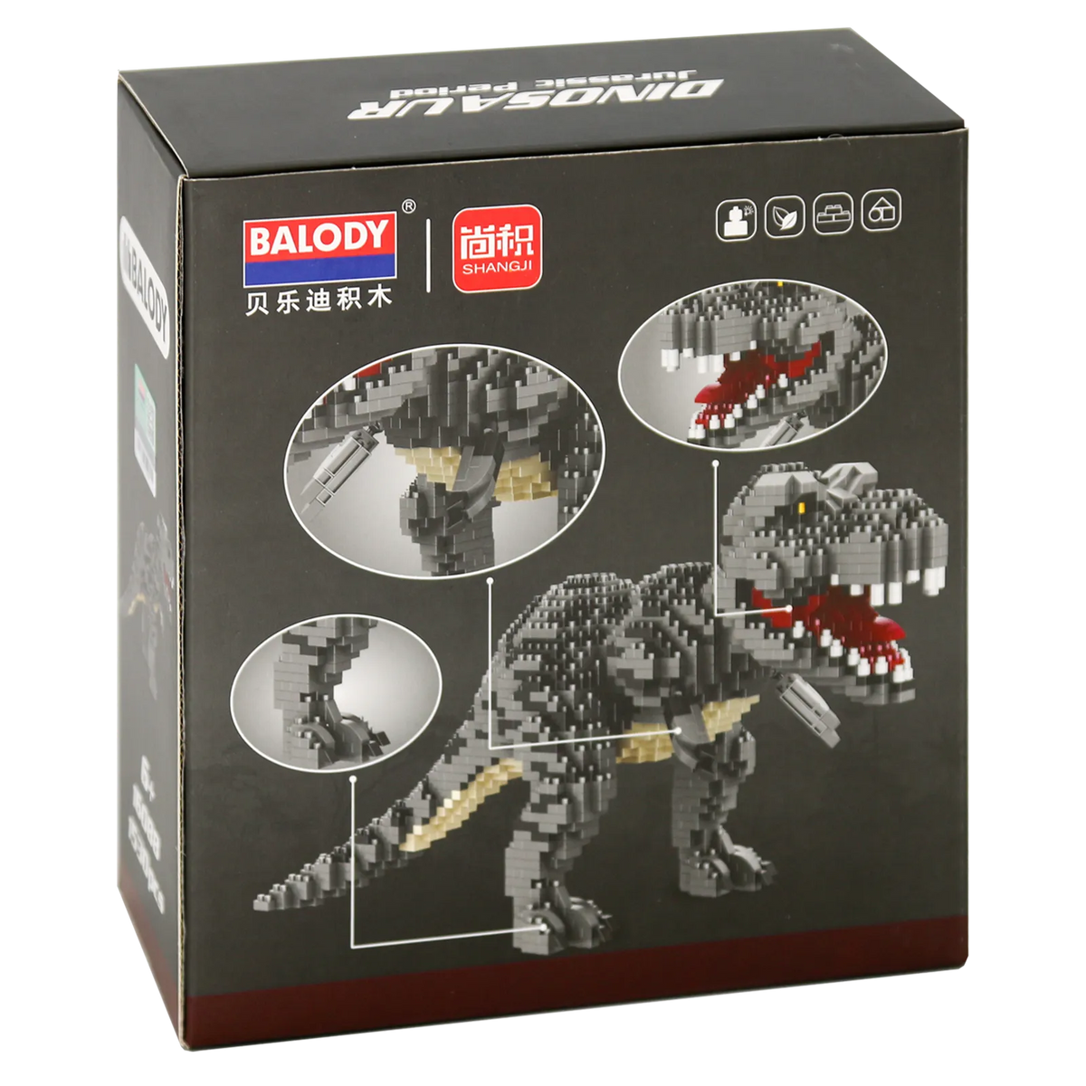 Rückseite der Verpackung der Balody Miniblocks grauer Tyrannosaurus rex