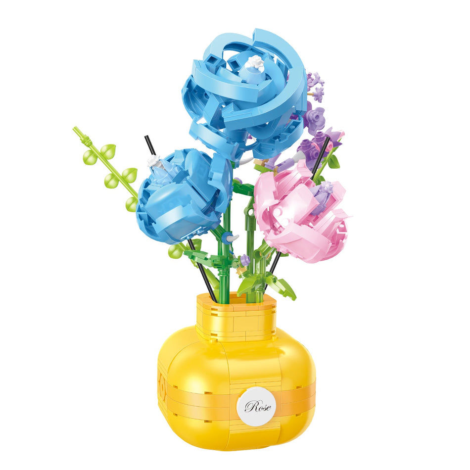 Produktfoto der Balody Miniblocks gelbe Vase mit blauen und rosa Rosen