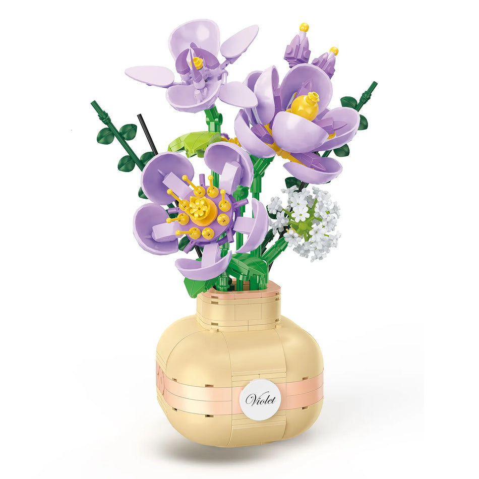 Produktfoto der Balody Miniblocks hellbraune Vase mit lila Veilchen