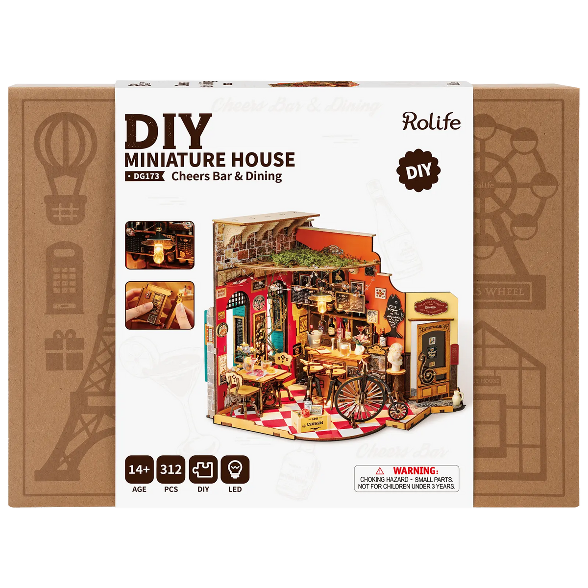 Vorderseite der Verpackung der Robotime Cheers Bar & Dining, Miniaturhaus einer altmodischen gemütlichen Bar