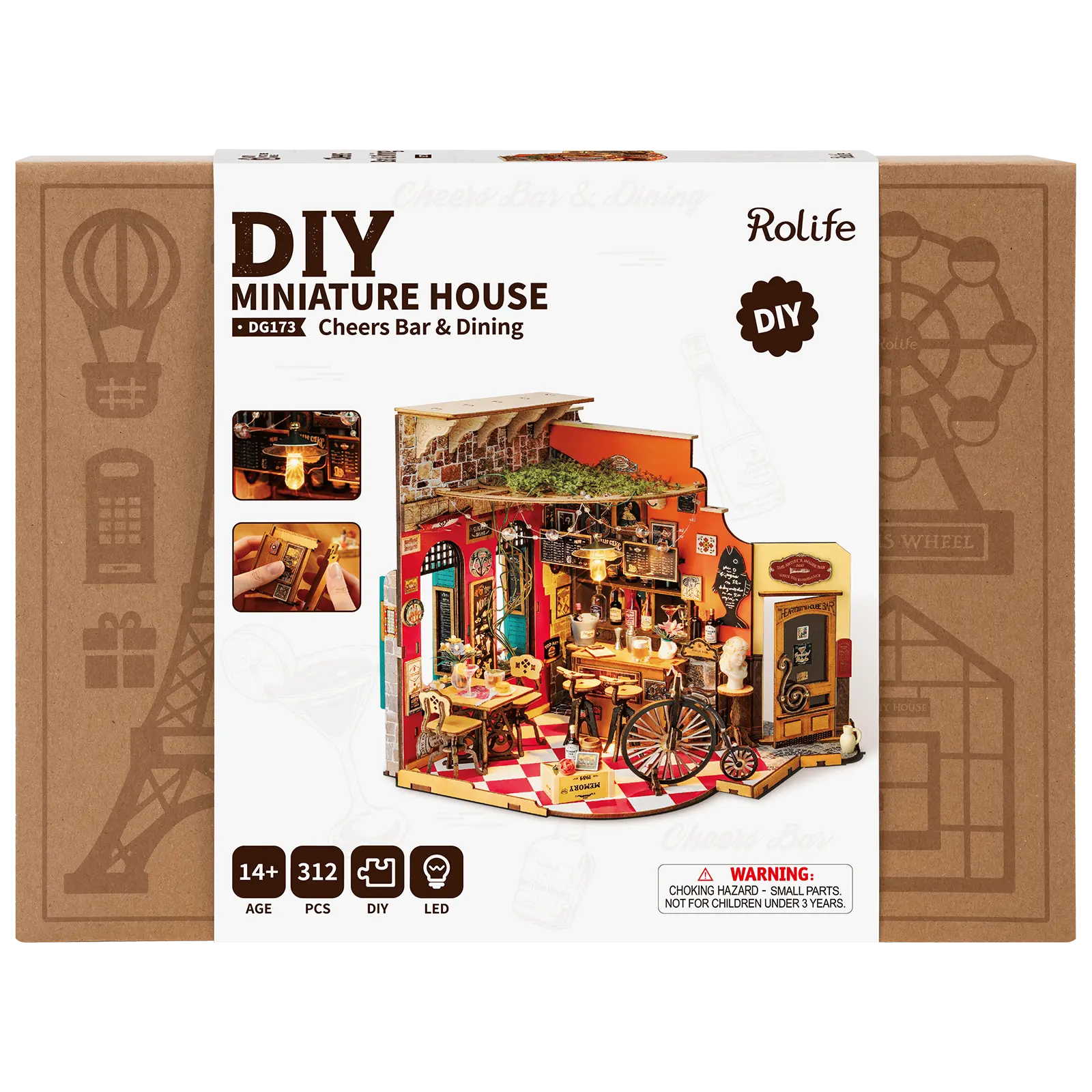 Vorderseite der Verpackung der Robotime Cheers Bar & Dining, Miniaturhaus einer altmodischen gemütlichen Bar