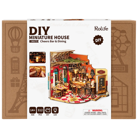 Vorderseite der Verpackung der Robotime Cheers Bar & Dining, Miniaturhaus einer altmodischen gemütlichen Bar