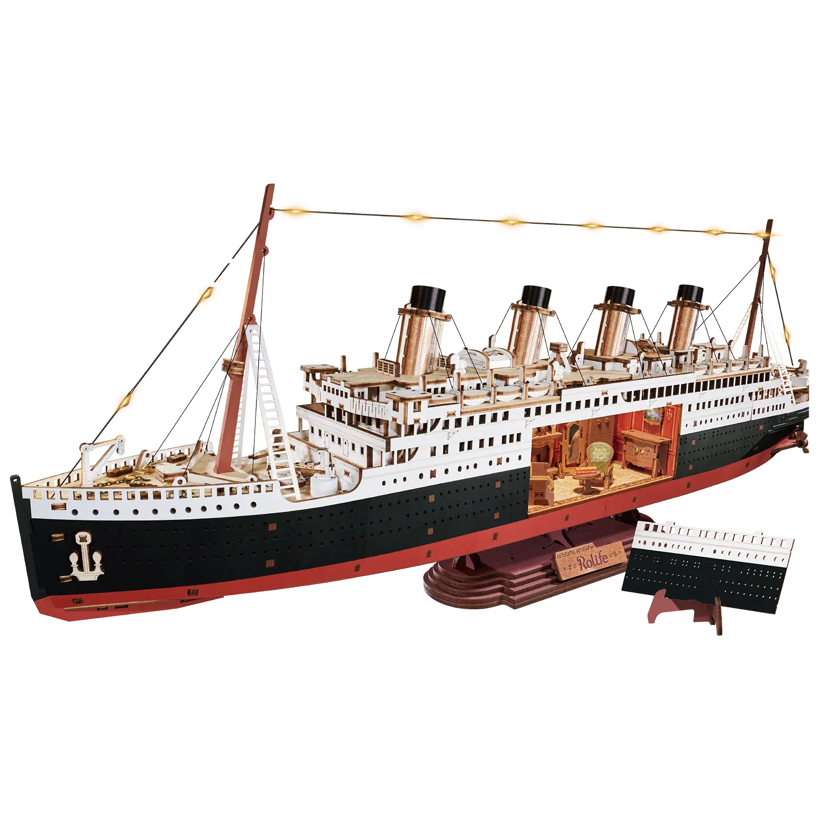 Produktfoto der Robotime 1912 - Eternal Atlantic Voyager, Holzmodellbau eines Vintage-Dampfschiffs mit einem Ausschnitt im Rumpf, durch den man Retro-Interieur sehen kann