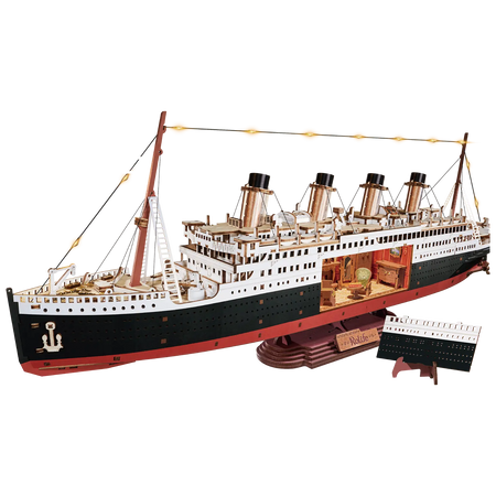 Produktfoto der Robotime 1912 - Eternal Atlantic Voyager, Holzmodellbau eines Vintage-Dampfschiffs mit einem Ausschnitt im Rumpf, durch den man Retro-Interieur sehen kann