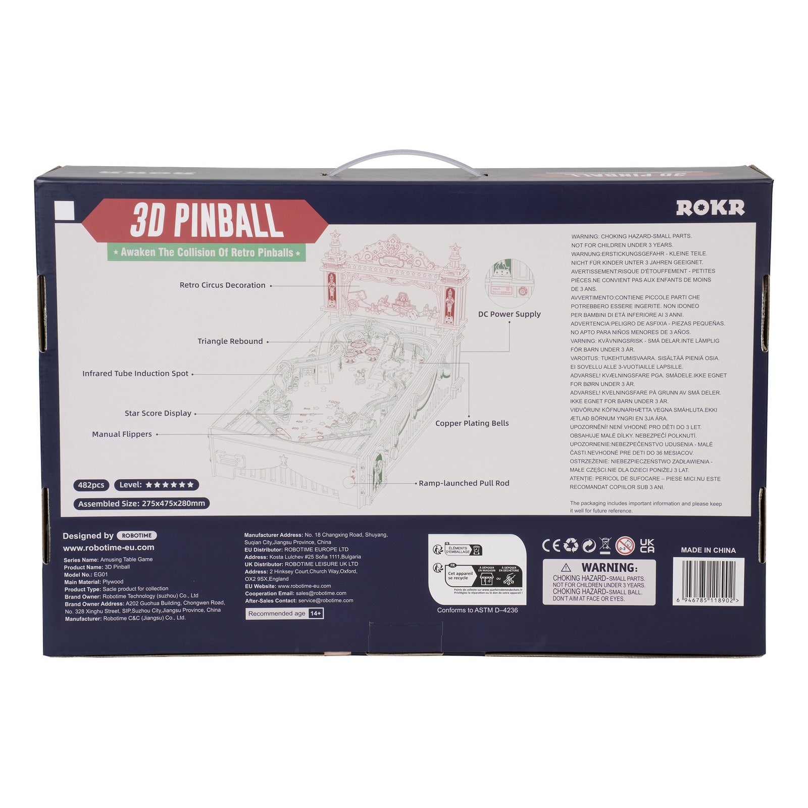 Rückseite der Verpackung der Robotime 3D Pinball Machine, Holzbausatz für einen funktionierenden Flipperautomaten mit Licht, Ton und funktionierender Punkteanzeige