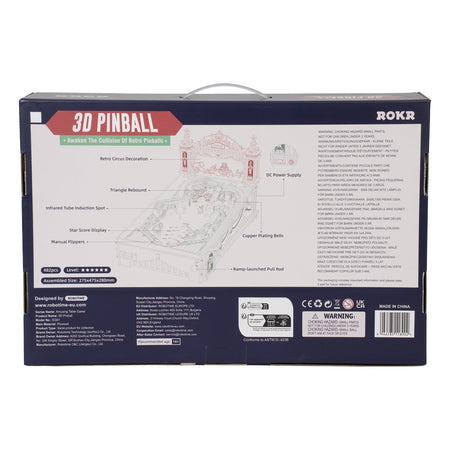 Rückseite der Verpackung der Robotime 3D Pinball Machine, Holzbausatz für einen funktionierenden Flipperautomaten mit Licht, Ton und funktionierender Punkteanzeige