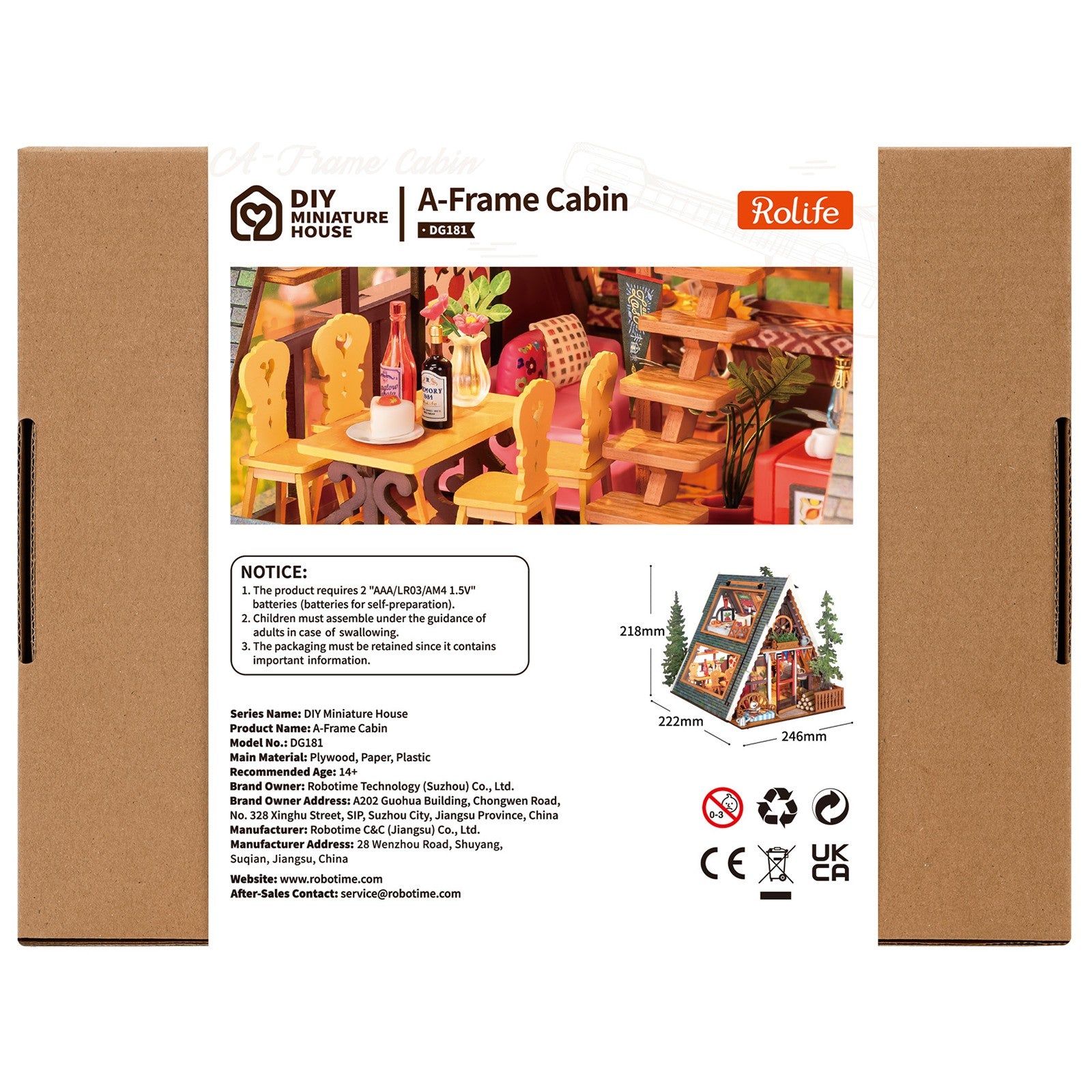 Rückseite der Verpackung der Robotime A-Frame Cabin, Miniatur-Ferienhaus im winterlichen österreichischen Stil