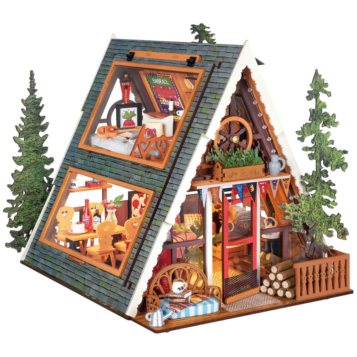Produktfoto der Robotime A-Frame Cabin, Miniatur-Ferienhaus im winterlichen österreichischen Stil