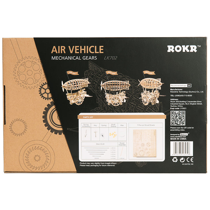 Rückseite der Verpackung der Robotime Air Vehicle, Holzmodellbau eines mechanischen, fahrenden Steampunk-Zeppelins